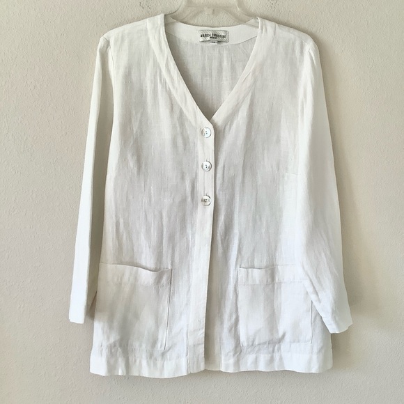 MARISA CHRISTINA Linen Blazer White 1X Long 32” USA Made V-Neck Patch Pockets - Picture 10 of 10